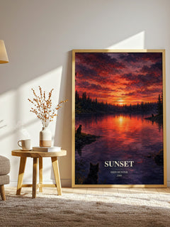 Sunset watercolour print in frame leaning in hallway – fantasy wall art