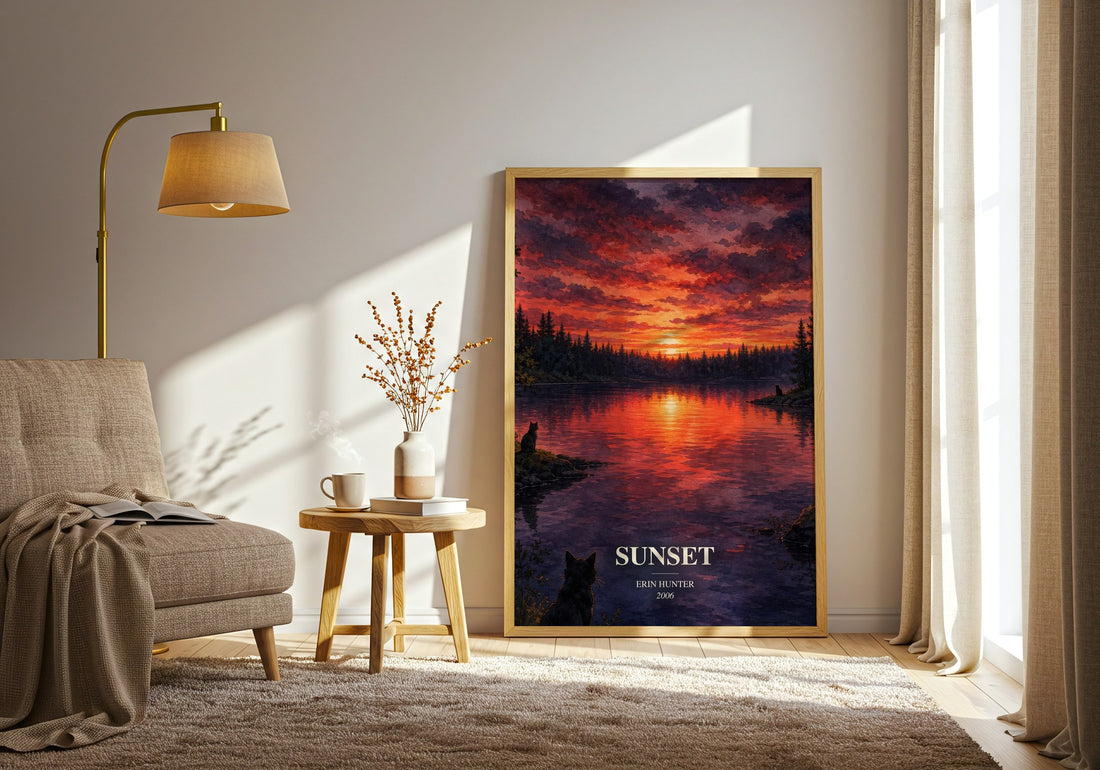 Sunset watercolour print in frame leaning in hallway – fantasy wall art
