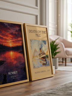 Sunset watercolour print framed by window – literary home decor