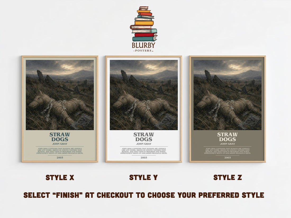 Straw Dogs bookish print in frame leaning in hallway – philosophy wall art (mockup)