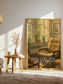 What You Feel You Can Heal watercolour print in frame leaning in hallway – non fiction wall art