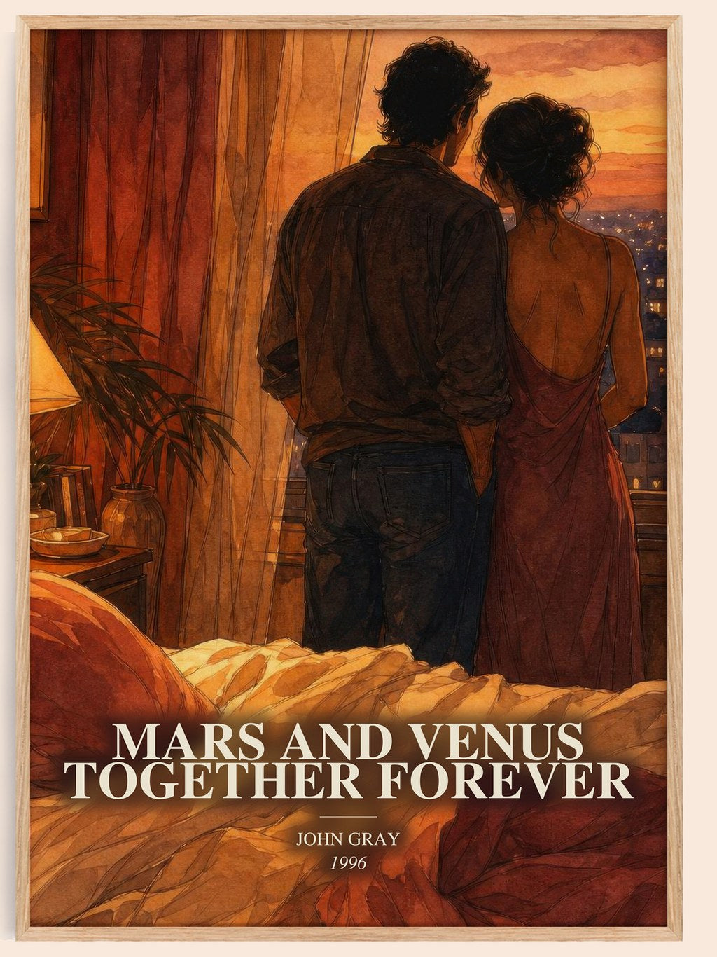 Mars and Venus Together Forever watercolour book poster by John Gray – framed literary art print