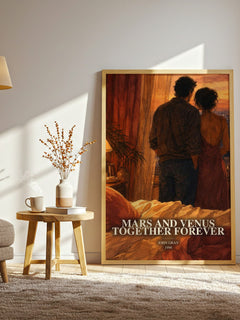 Mars and Venus Together Forever watercolour print in frame leaning in hallway – non fiction wall art