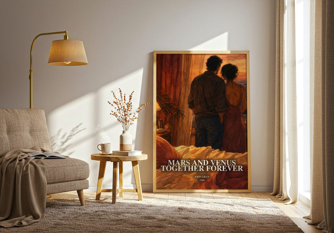 Mars and Venus Together Forever watercolour print in frame leaning in hallway – non fiction wall art