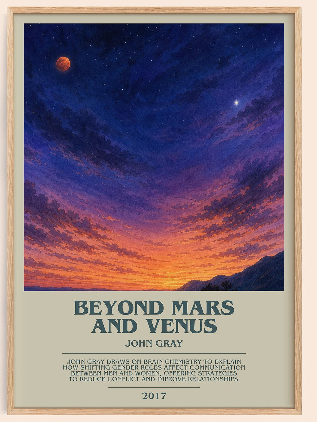 Beyond Mars and Venus bookish book poster by John Gray – framed literary art print