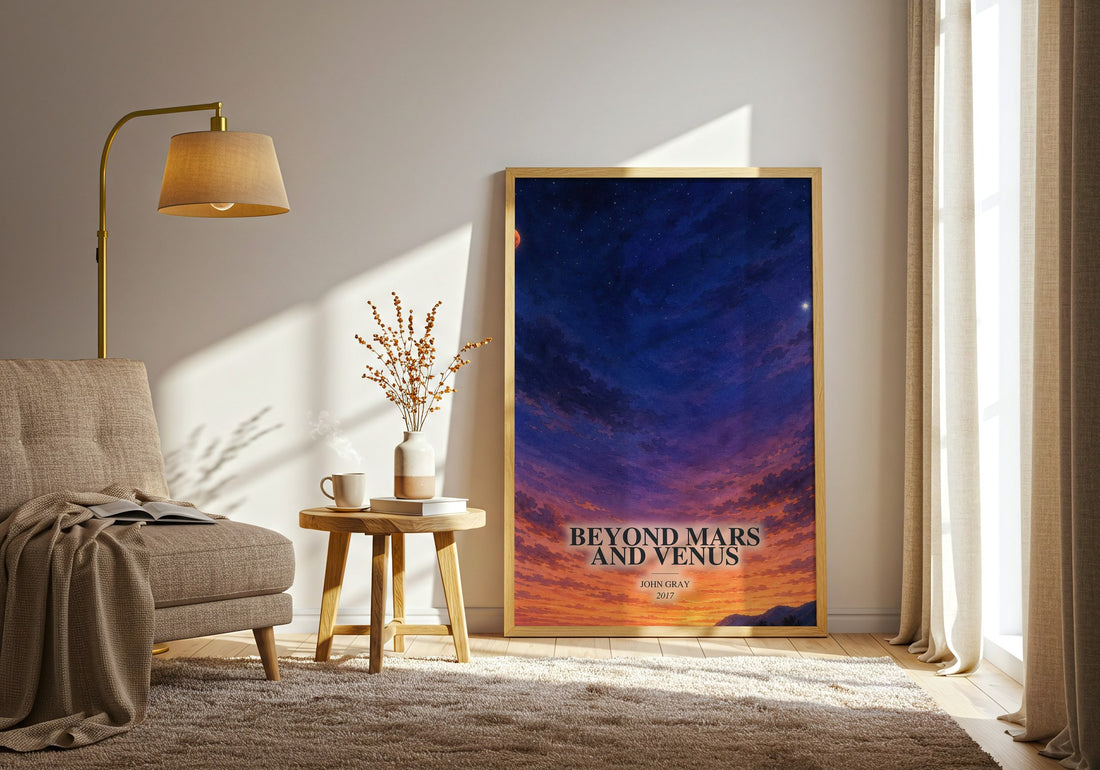 Beyond Mars and Venus watercolour print in frame leaning in hallway – non fiction wall art