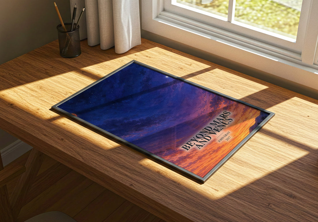 Beyond Mars and Venus watercolour book poster framed on wall – non fiction wall art
