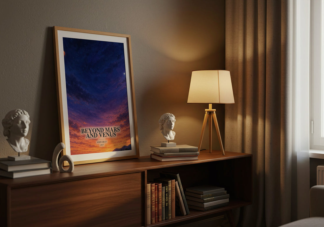 Beyond Mars and Venus watercolour print on bookshelf – John Gray fan gift