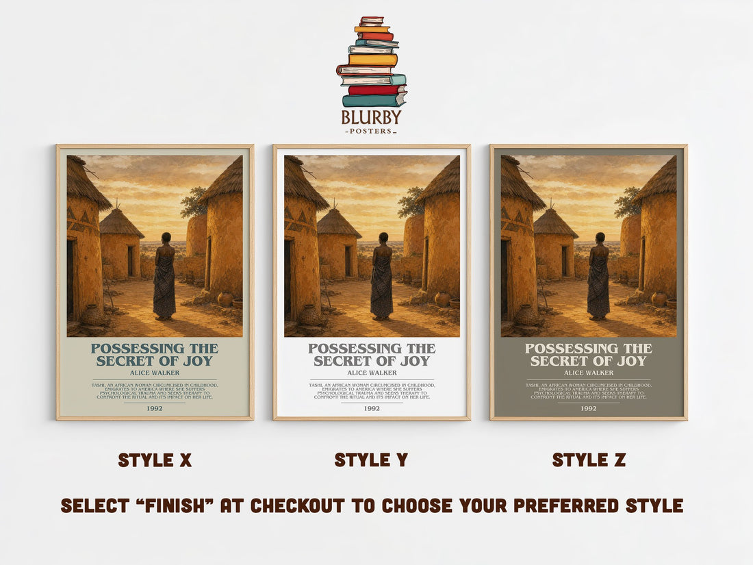 Possessing the Secret of Joy bookish print in frame leaning in hallway – contemporary fiction wall art (mockup)