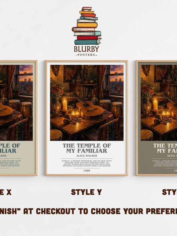 The Temple of My Familiar bookish print in frame leaning in hallway – literary fiction wall art