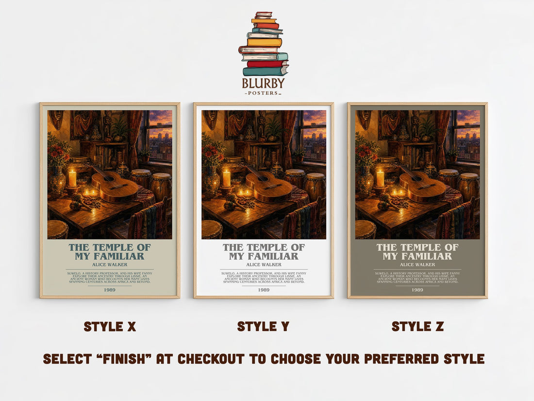 The Temple of My Familiar bookish print in frame leaning in hallway – literary fiction wall art (mockup)