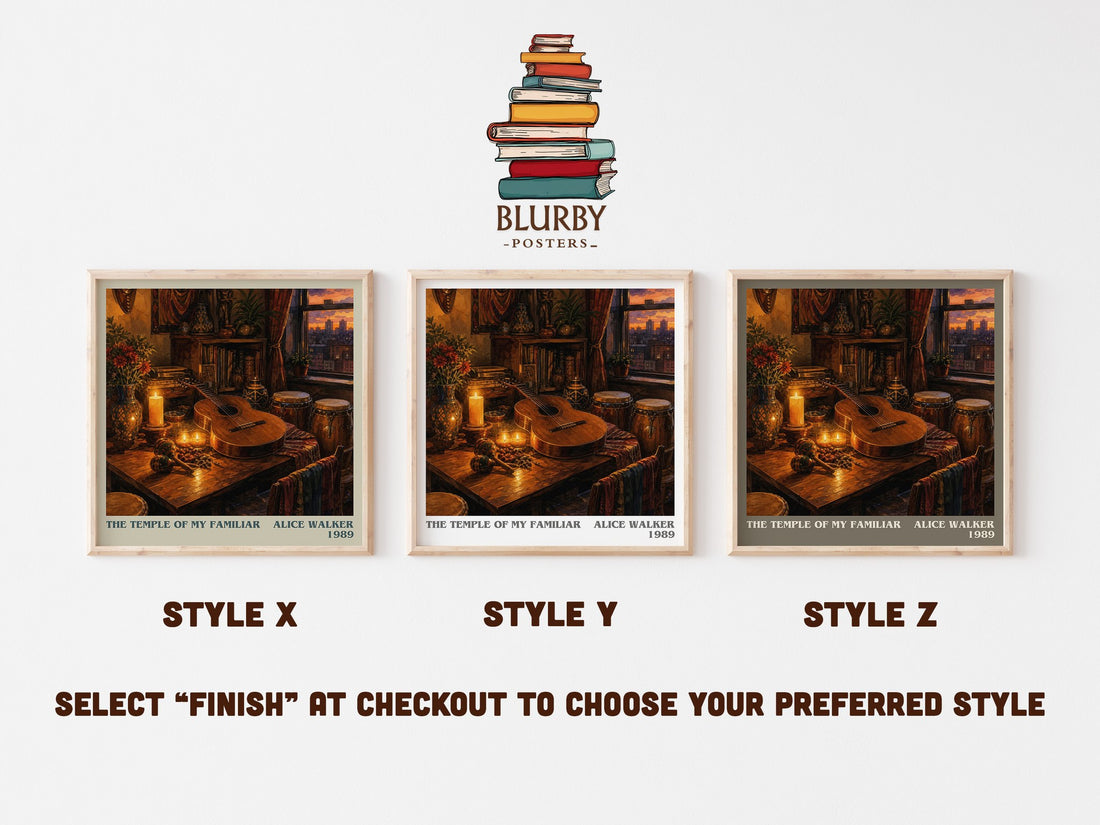 The Temple of My Familiar literary print in frame leaning in hallway – literary fiction wall art (mockup)
