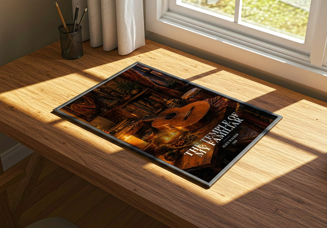 The Temple of My Familiar watercolour book poster framed on wall – literary fiction wall art