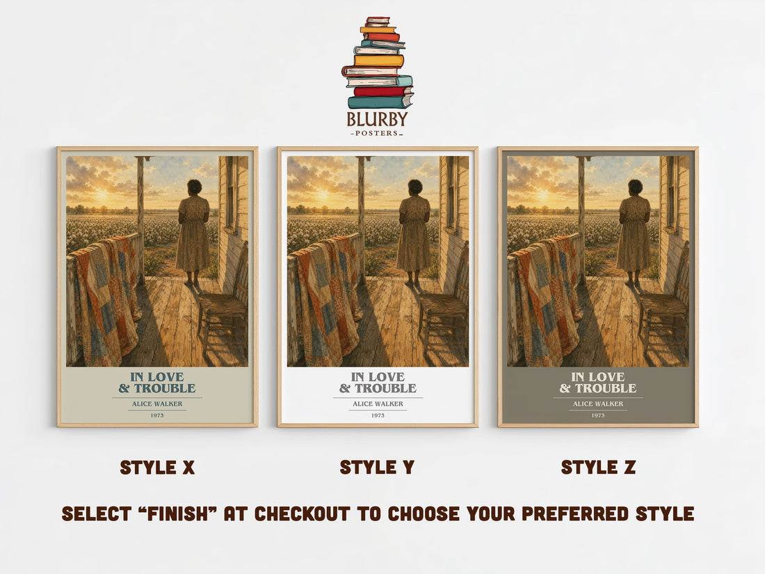 In love & trouble book cover print in frame leaning in hallway – literary fiction wall art (mockup)