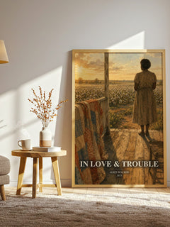 In love & trouble watercolour print in frame leaning in hallway – literary fiction wall art