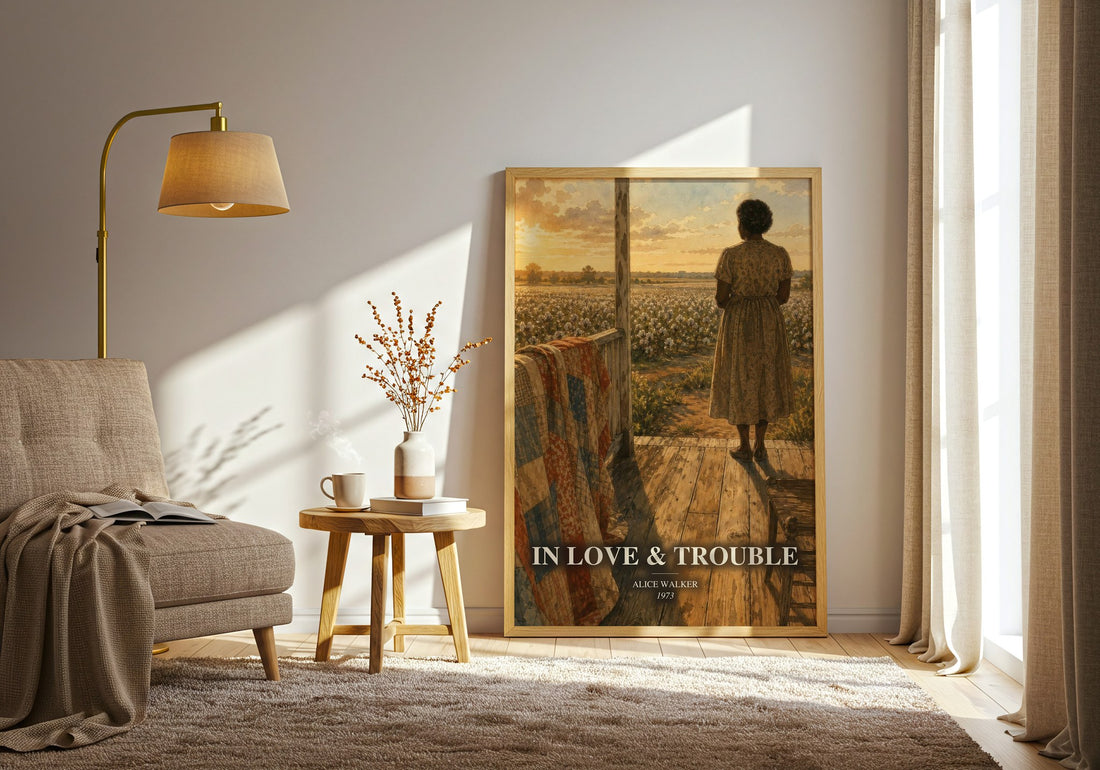 In love & trouble watercolour print in frame leaning in hallway – literary fiction wall art
