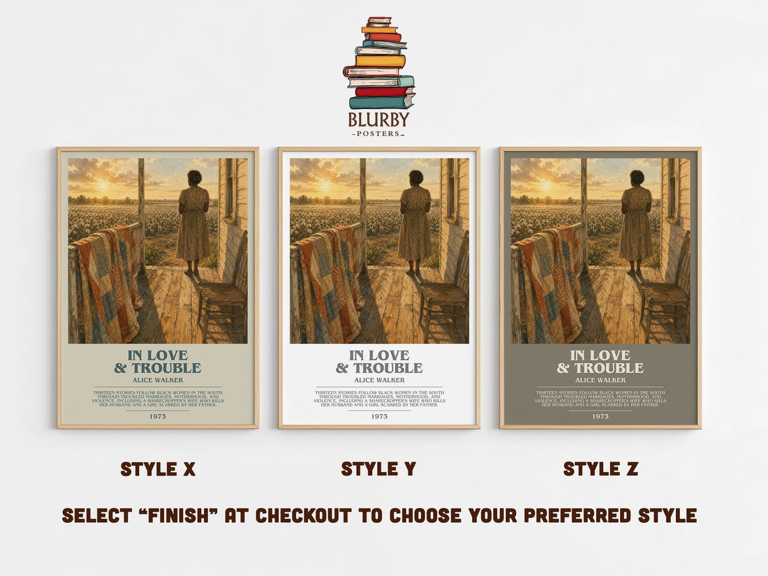 In love & trouble bookish print in frame leaning in hallway – literary fiction wall art (mockup)