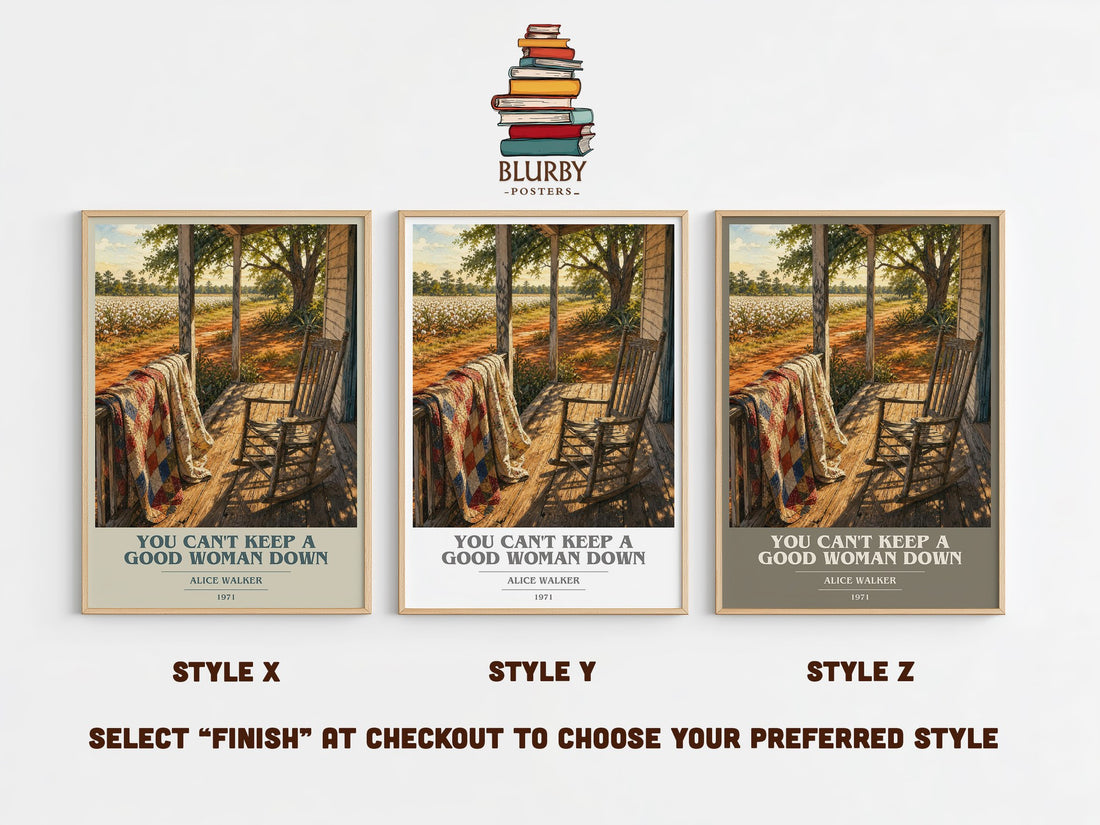 You Can't Keep a Good Woman Down book cover print in frame leaning in hallway – literary fiction wall art (mockup)
