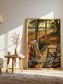 You Can't Keep a Good Woman Down watercolour print in frame leaning in hallway – literary fiction wall art