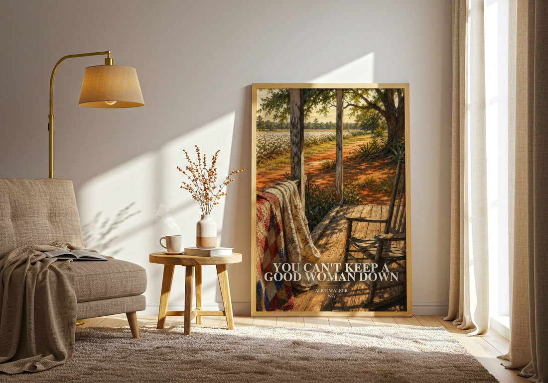 You Can't Keep a Good Woman Down watercolour print in frame leaning in hallway – literary fiction wall art