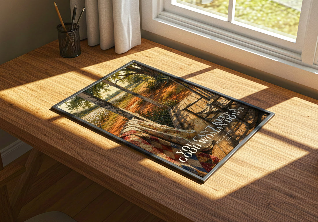 You Can't Keep a Good Woman Down watercolour book poster framed on wall – literary fiction wall art