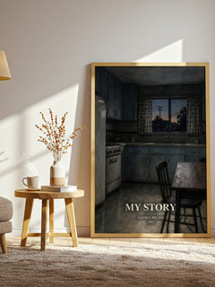My story watercolour print in frame leaning in hallway – memoir wall art