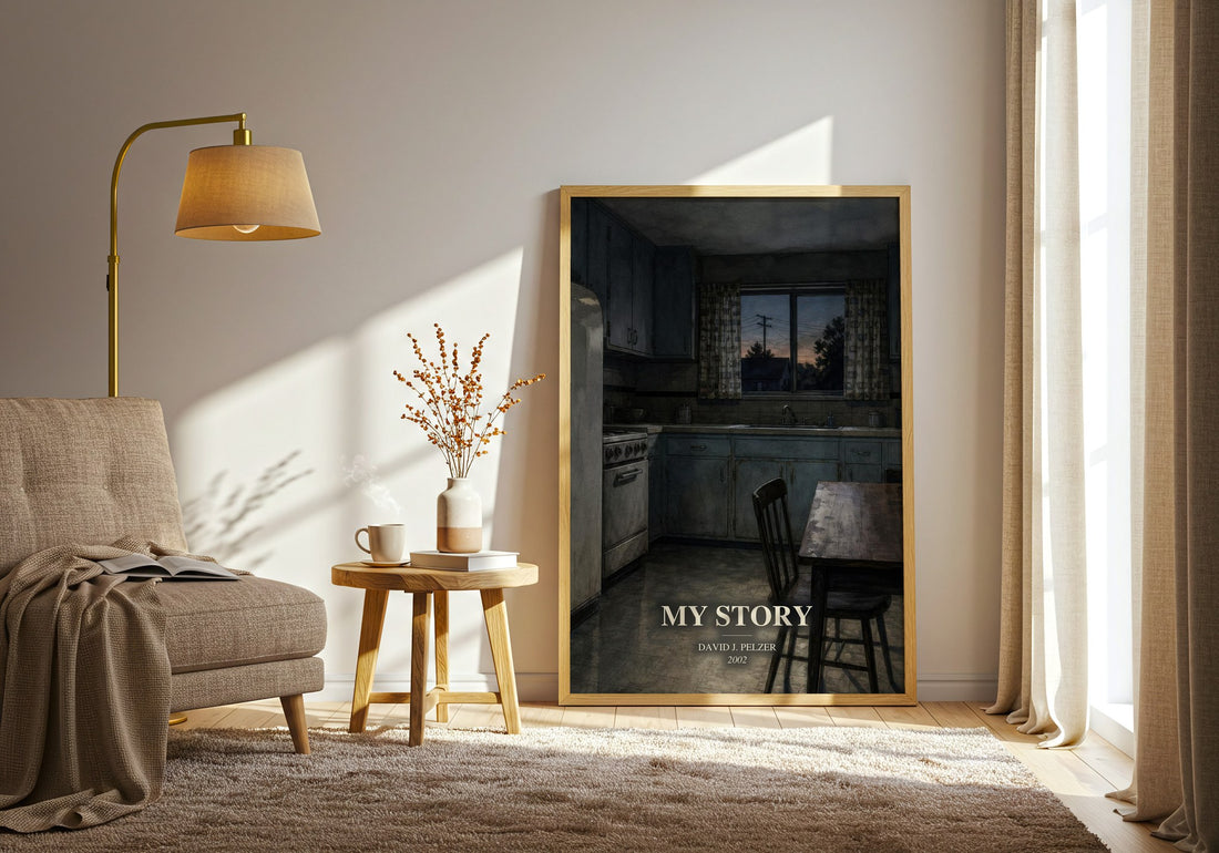 My story watercolour print in frame leaning in hallway – memoir wall art