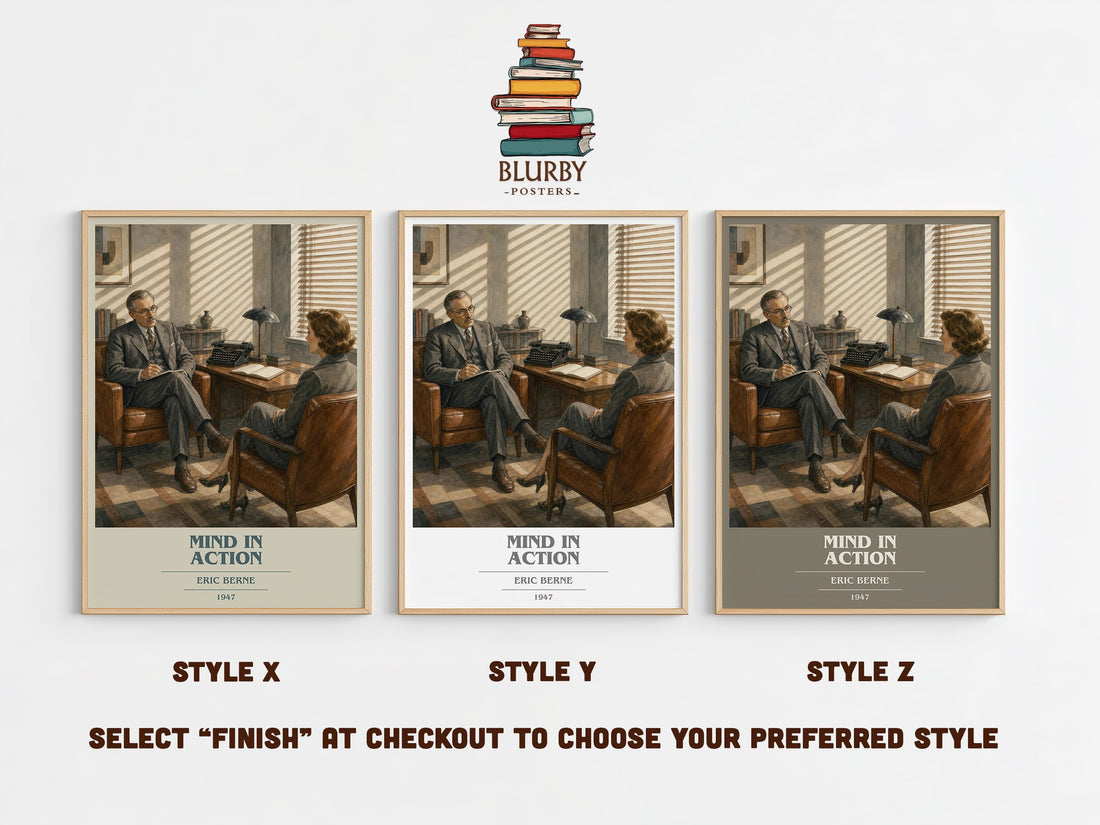 Mind in action book cover print in frame leaning in hallway – non fiction wall art (mockup)