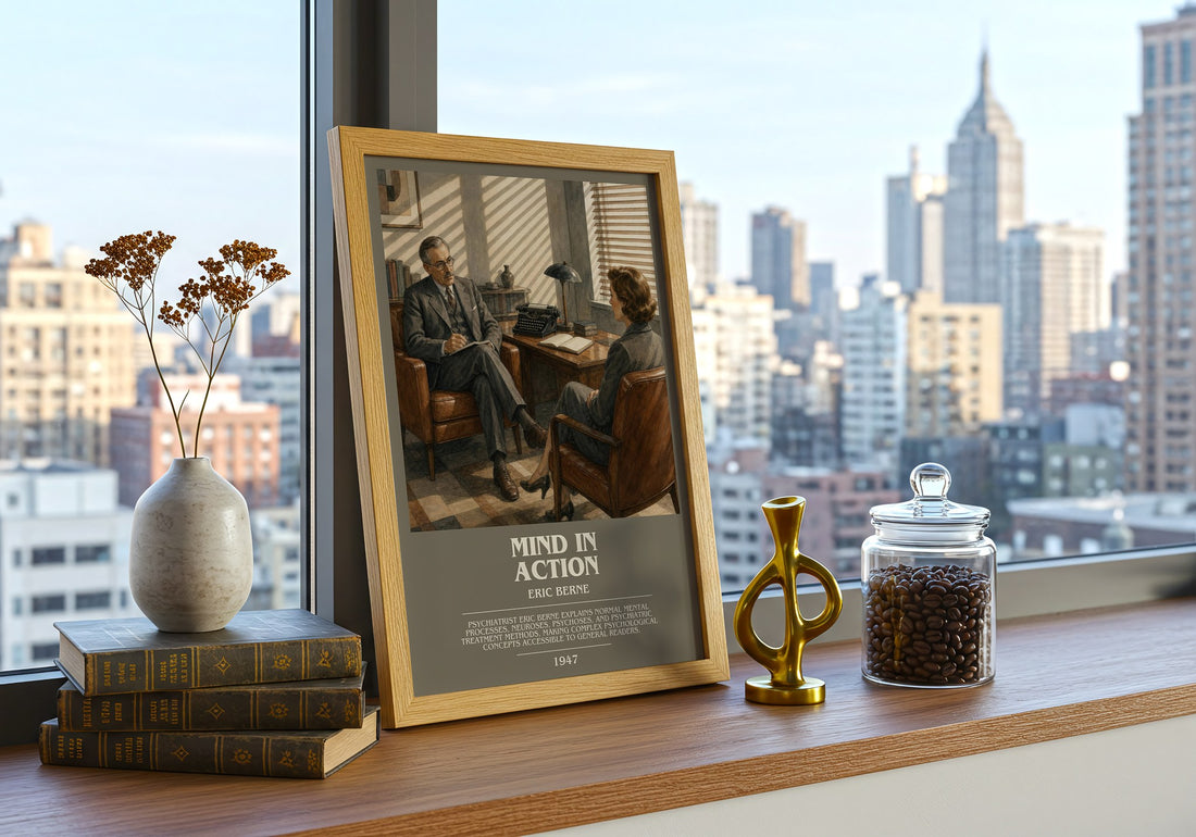 Mind in action Bookish Wall Art by Eric Berne – framed print on a city-view windowsill