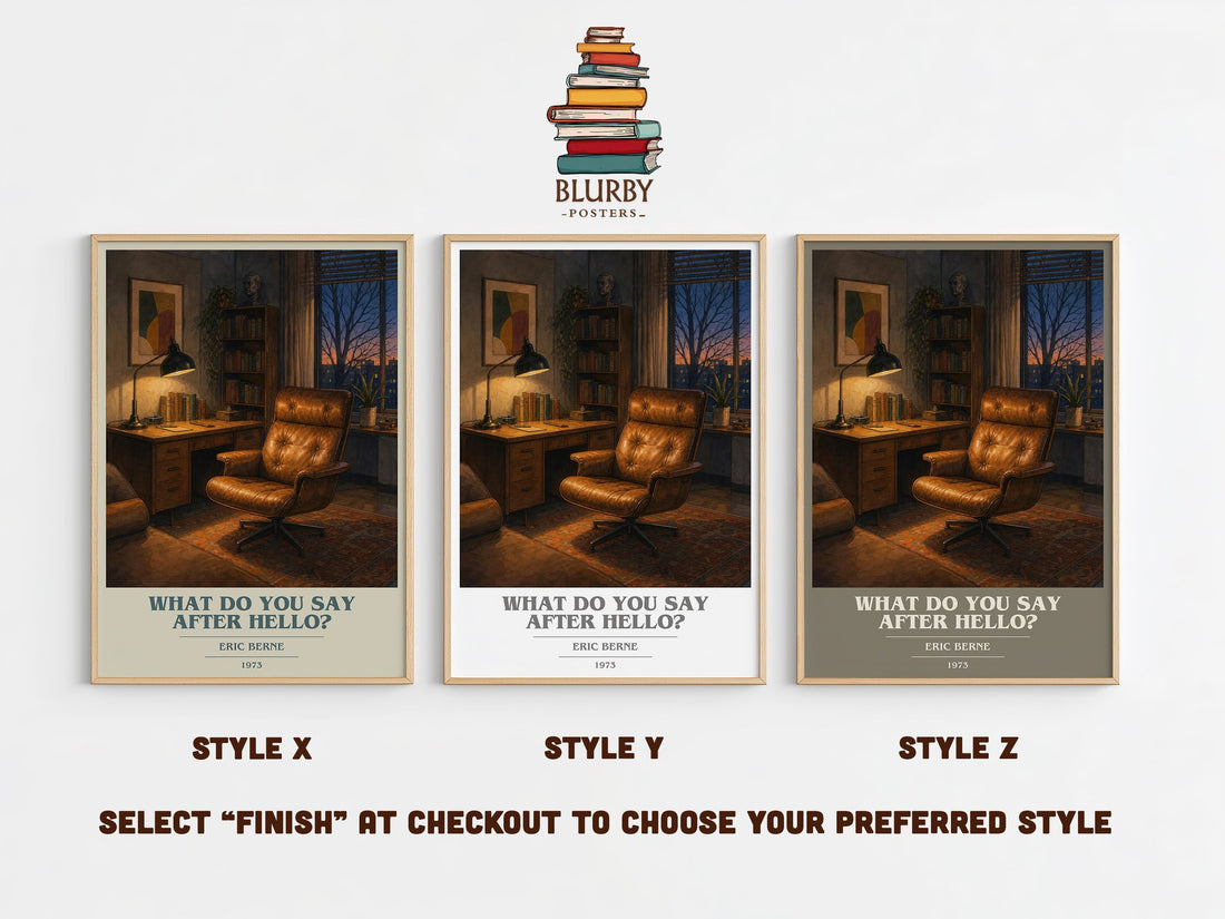 What Do You Say After Hello? book cover print in frame leaning in hallway – non fiction wall art (mockup)