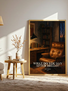 What Do You Say After Hello? watercolour print in frame leaning in hallway – non fiction wall art