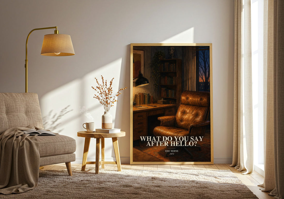 What Do You Say After Hello? watercolour print in frame leaning in hallway – non fiction wall art