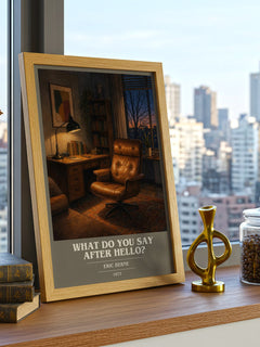What Do You Say After Hello? book cover print framed by window – literary home decor