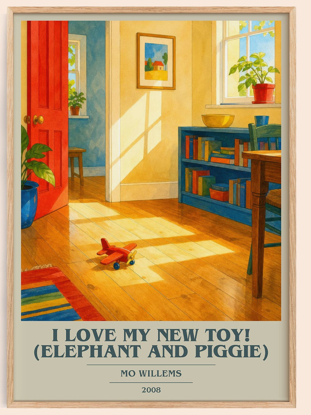 I Love My New Toy! (Elephant and Piggie) book cover book poster by Mo Willems – framed literary art print