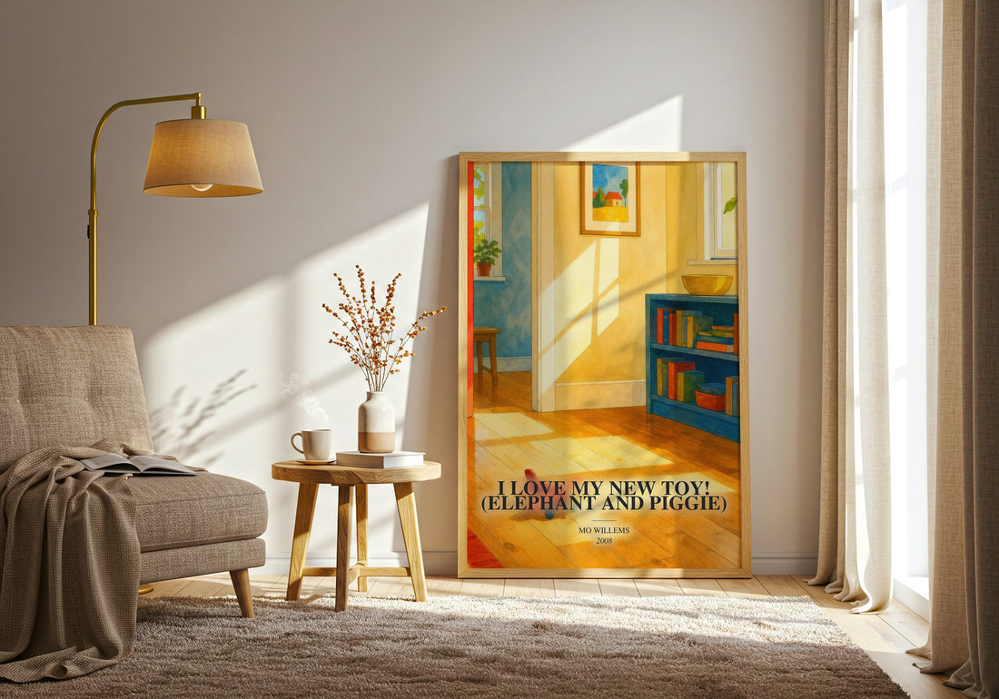 I Love My New Toy! (Elephant and Piggie) watercolour print in frame leaning in hallway – childrens wall art