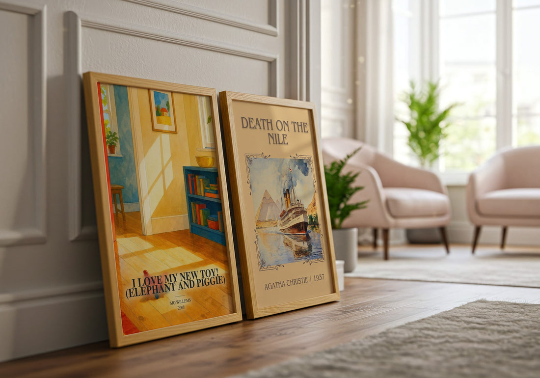 I Love My New Toy! (Elephant and Piggie) watercolour print framed by window – literary home decor