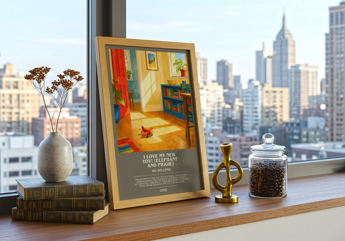 I Love My New Toy! (Elephant and Piggie) bookish print framed by window – literary home decor