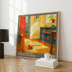 I Love My New Toy! (Elephant and Piggie) literary print framed by window – literary home decor