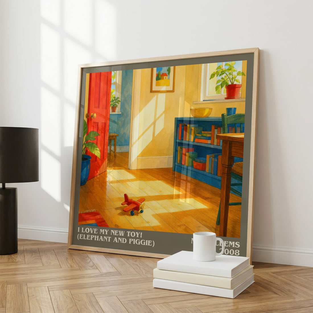 I Love My New Toy! (Elephant and Piggie) literary print framed by window – literary home decor