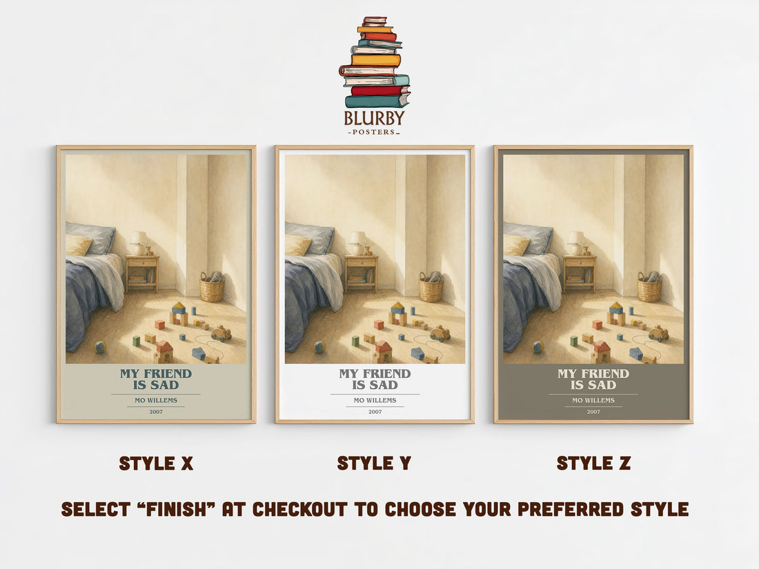 My Friend is Sad book cover print in frame leaning in hallway – childrens wall art (mockup)