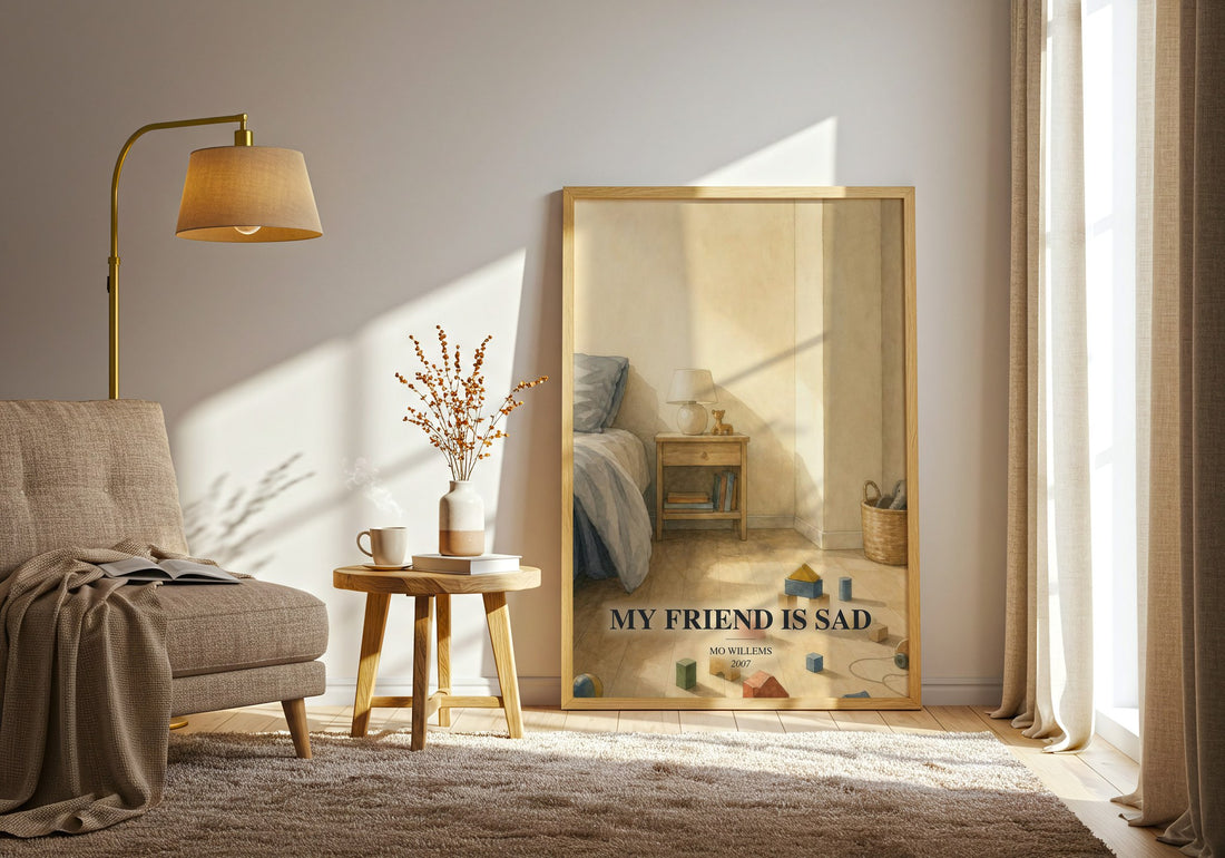 My Friend is Sad watercolour print in frame leaning in hallway – childrens wall art