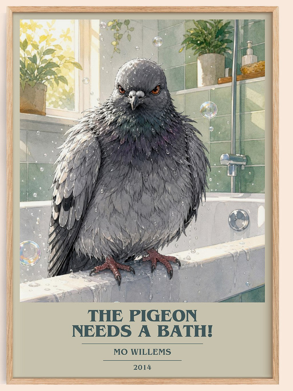The Pigeon Needs a Bath! book cover book poster by Mo Willems – framed literary art print