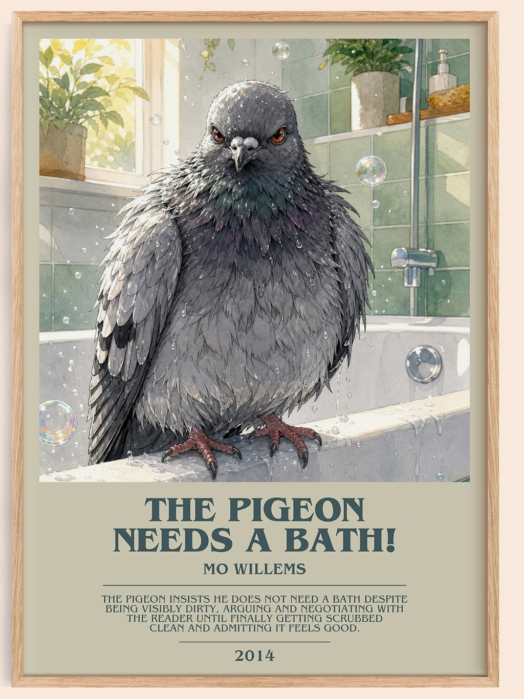 The Pigeon Needs a Bath! bookish book poster by Mo Willems – framed literary art print