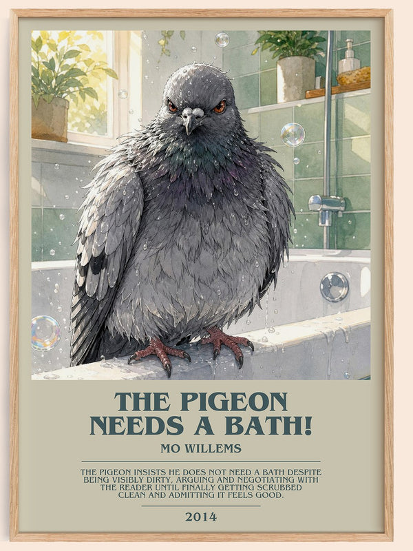 The Pigeon Needs a Bath! bookish book poster by Mo Willems – framed literary art print
