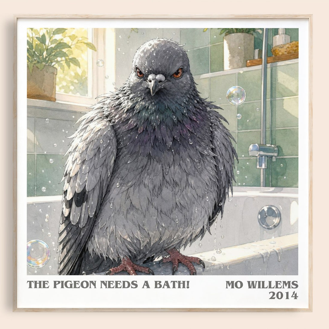 The Pigeon Needs a Bath! literary book poster by Mo Willems – framed literary art print