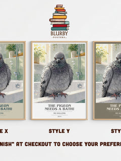 The Pigeon Needs a Bath! book cover print in frame leaning in hallway – childrens wall art