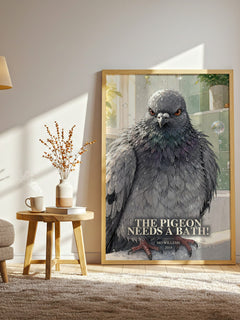 The Pigeon Needs a Bath! watercolour print in frame leaning in hallway – childrens wall art