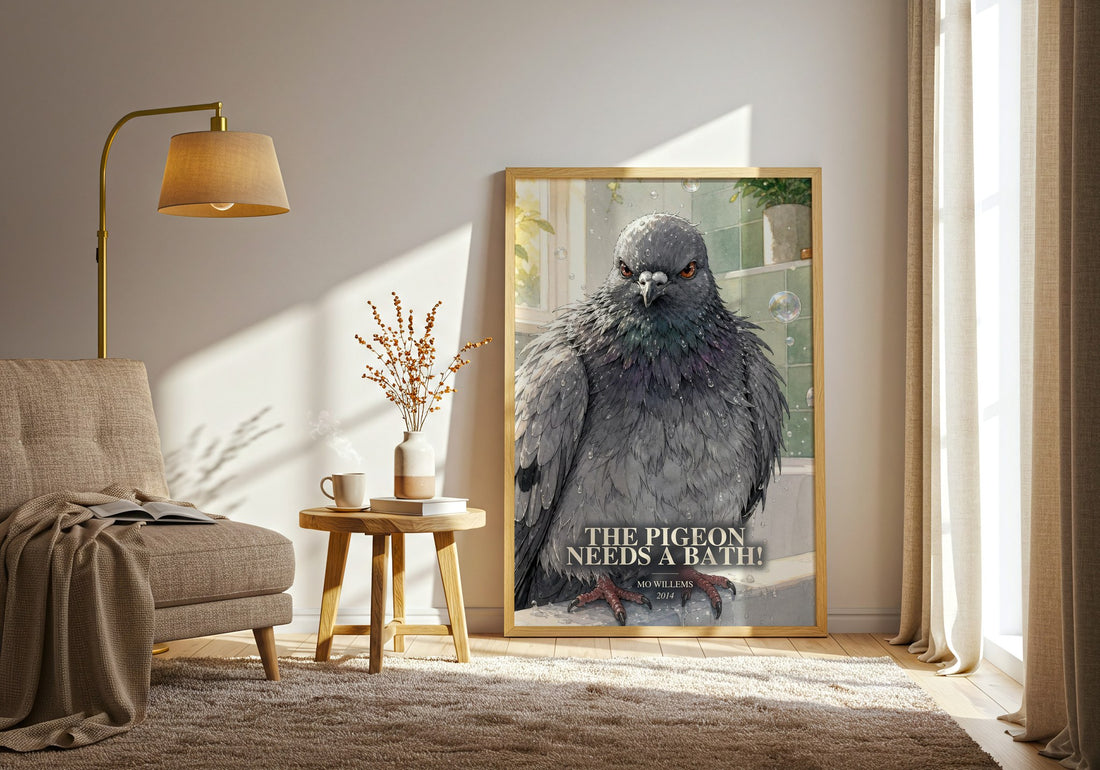 The Pigeon Needs a Bath! watercolour print in frame leaning in hallway – childrens wall art