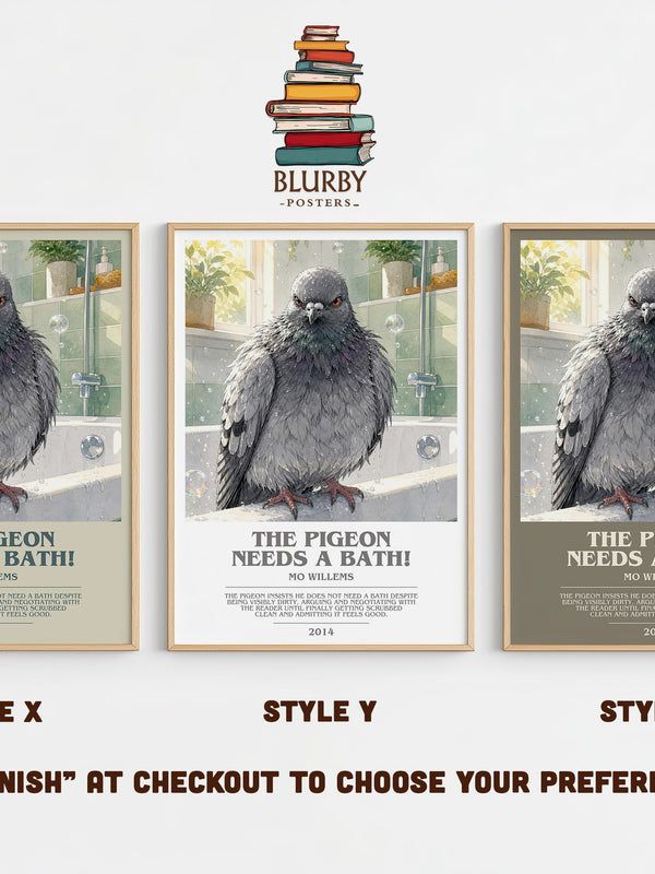 The Pigeon Needs a Bath! bookish print in frame leaning in hallway – childrens wall art