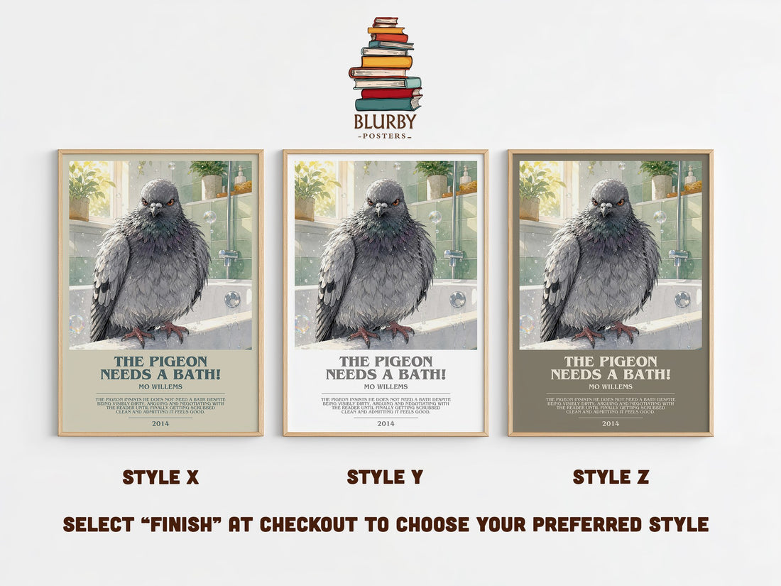 The Pigeon Needs a Bath! bookish print in frame leaning in hallway – childrens wall art (mockup)